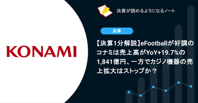 【決算1分解説】eFootballが好調のコナミは売上高がYoY+19.7%の1,841億円、一方でカジノ機器の売上拡大はストップか？ 画像